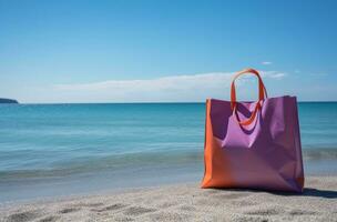 ai generato shopping Borsa e mare un' spiaggia foto