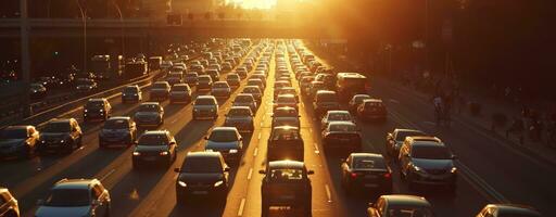 ai generato lento movimento di auto traffico guida su un' autostrada nel un' città a tramonto auto marmellata foto