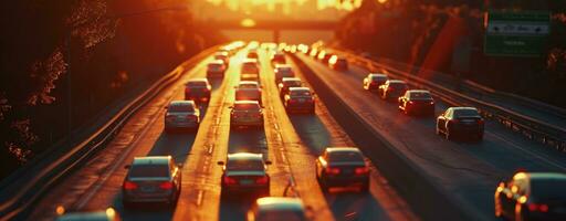 ai generato macchine guida giù un autostrada nel tramonto viaggio Esperienza foto