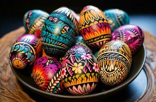 ai generato colorato uova con disegni su il conchiglie foto
