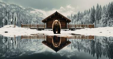ai generato un Immagine di un' orso a piedi Il prossimo per un' log cabina foto