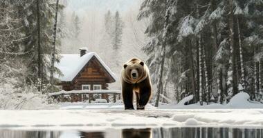 ai generato un Immagine di un' orso a piedi Il prossimo per un' log cabina foto