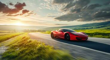 ai generato un Immagine di un' rosso gli sport auto su un' panoramico nazione strada foto