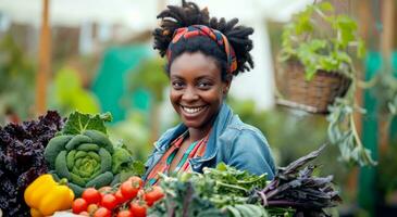 ai generato femmina urbano contadino sorridente con carrello contenente verdure foto