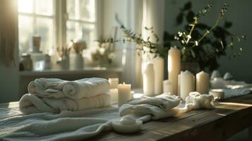 ai generato terme tavolo pieno di asciugamani e bianca candele foto
