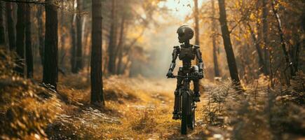 ai generato un' robot guida un' bicicletta attraverso il boscoso la zona foto