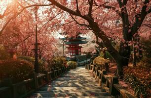 ai generato un' sentiero principale giù per un' pagoda e fioritura ciliegia alberi foto