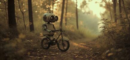 ai generato un' robot guida un' bicicletta attraverso il boscoso la zona foto