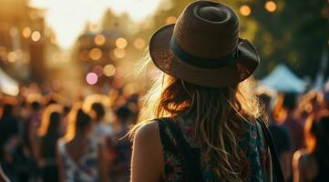 ai generato un' donna cappello si affaccia il folla a un' Festival foto