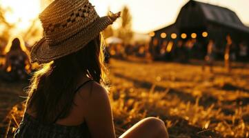 ai generato un' donna all'aperto, seduta nel un' cannuccia cappello Guardando un vecchio fienile a tramonto foto