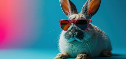 ai generato un' coniglio indossa occhiali da sole su un' blu sfondo foto