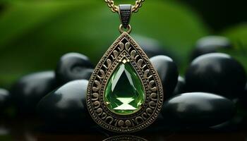 ai generato brillante oro collana con verde pietra preziosa, un' prezioso moda accessorio generato di ai foto