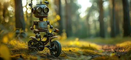 ai generato un vecchio robot su un' bicicletta nel il foresta foto