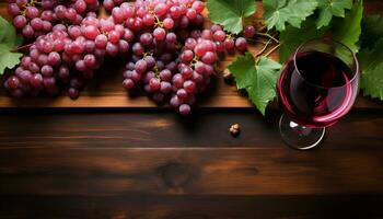 ai generato vino bicchiere su di legno tavolo, uva foglia, fresco bevanda generato di ai foto