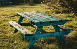 ai generato antico picnic tavolo su il erba foto