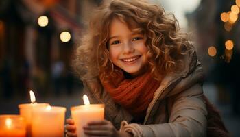 ai generato sorridente ragazza gode inverno notte, circondato di Natale luci generato di ai foto