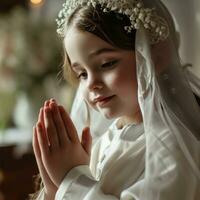 ai generato cristianesimo 1 ° comunione giovane ragazza sacrificale, mano scuote il suo mani preghiere foto
