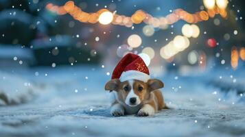 ai generato affascinante cucciolo nel un' Natale cappello, superficiale profondità di campo foto