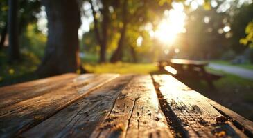 ai generato sfocato di legno picnic tavolo con barbecue foto