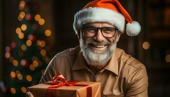 ai generato sorridente anziano uomo Tenere Natale regalo, circondato di decorazioni generato di ai foto