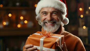 ai generato sorridente anziano uomo Tenere regalo, festeggiare Natale con gioia generato di ai foto