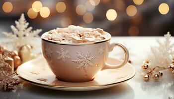 ai generato accogliente inverno celebrazione caldo cioccolato, caffè, e Natale decorazioni generato di ai foto