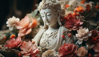 ai generato Meditare statua simboleggia spiritualità, armonia, e antico est asiatico culture generato di ai foto