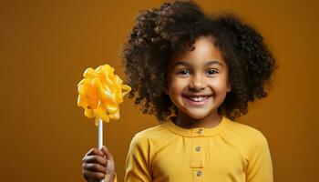 ai generato sorridente bambino Tenere caramella, godendo dolce frutta su giallo sfondo generato di ai foto