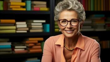 ai generato sorridente donna nel biblioteca, Tenere prenotare, radiante felicità e saggezza generato di ai foto