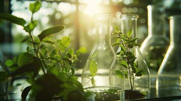 ai generato botanico ricerca pianta campione nel bicchiere fiaschi nel laboratorio con luce del sole foto
