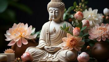 ai generato Meditare Budda statua nel loto posizione porta spirituale armonia generato di ai foto