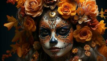 ai generato un' donna bellezza nel un' tradizionale Halloween maschera, eleganza personificato generato di ai foto