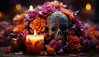 ai generato Halloween celebrazione spaventoso lume di candela, ardente zucca, elegante decorazione generato di ai foto