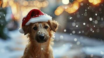 ai generato affascinante cucciolo nel un' Natale cappello, superficiale profondità di campo foto