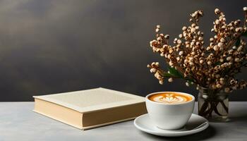 ai generato caffè tazza su tavolo, circondato di freschezza di fiori generato di ai foto