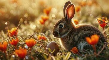 ai generato Pasqua Pasqua conigli e animali nel il primavera prato foto