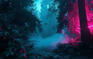 ai generato buio foresta astratto sfondo con neon luci foto