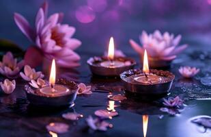 ai generato cinque candela In piedi su un' viola sfondo con loto fiore e un' loto squillare foto