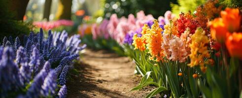 ai generato fiori nel un' giardino con un' sentiero principale per fiori foto