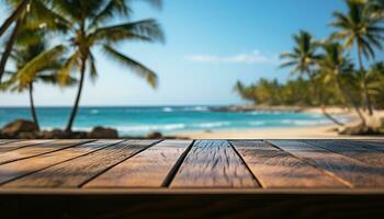 ai generato tropicale palma albero su sabbioso spiaggia, un' Perfetto estate vacanza generato di ai foto