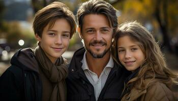 ai generato padre e figlio sorridente, Abbracciare una persona nel natura, puro felicità generato di ai foto