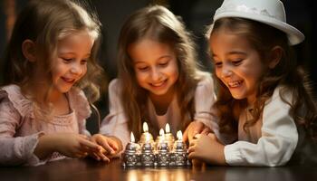 ai generato tre sorridente ragazze godendo un' compleanno festa di il candela generato di ai foto