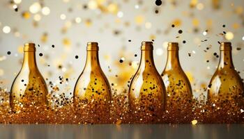 ai generato celebrazione di lusso Champagne bottiglia, d'oro coriandoli, raggiante vino generato di ai foto