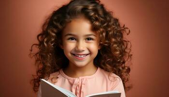 ai generato carino ragazza sorridente, lettura prenotare, godendo infanzia formazione scolastica generato di ai foto