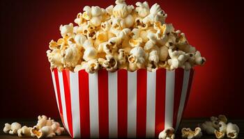 ai generato Guardando un' film, spuntini su imburrato Popcorn nel un' rosso secchio generato di ai foto