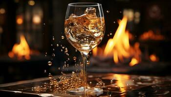 ai generato raggiante fiamma si accende celebrazione, scrosciante lusso bicchiere di vino su legna generato di ai foto