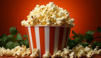 ai generato fresco Popcorn, un' film Teatro di base, soddisfa voglie mentre Guardando generato di ai foto