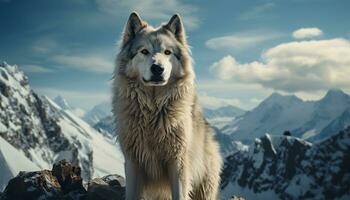 ai generato carino cane seduta nel neve, guardare a montagna picco generato di ai foto