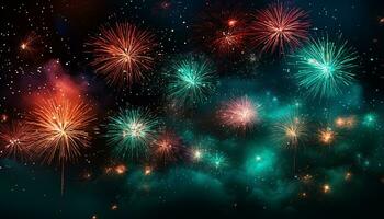 ai generato esplosivo fuochi d'artificio illuminare il notte, festeggiare con vivace colori generato di ai foto