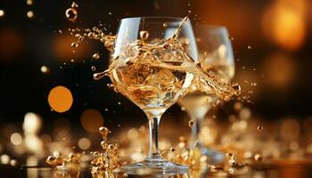 ai generato lusso celebrazione Champagne versando, bicchieri tintinnio, successo illuminato generato di ai foto